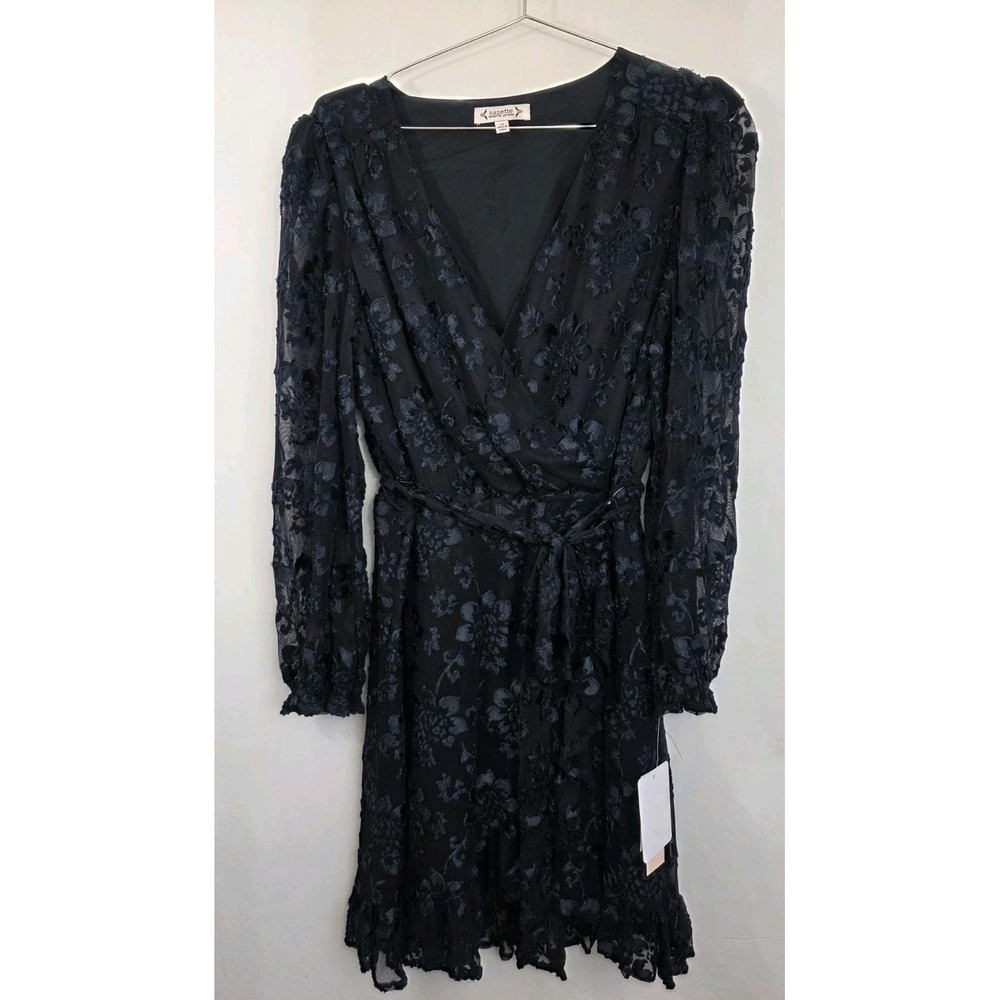 NWT Nanette Lepore 14 Navy Blue Wrap Dress Velvet Burnout Ruffle Floral Knee